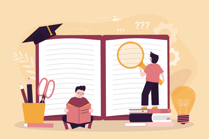 Illustration d'un manuel scolaire géant ouvert avec deux lycées en réalisant l'étude